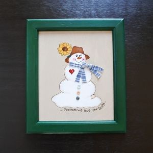 Vintage Signed Original Snowman Christmas Winter Wood Folk Art Framed Painting